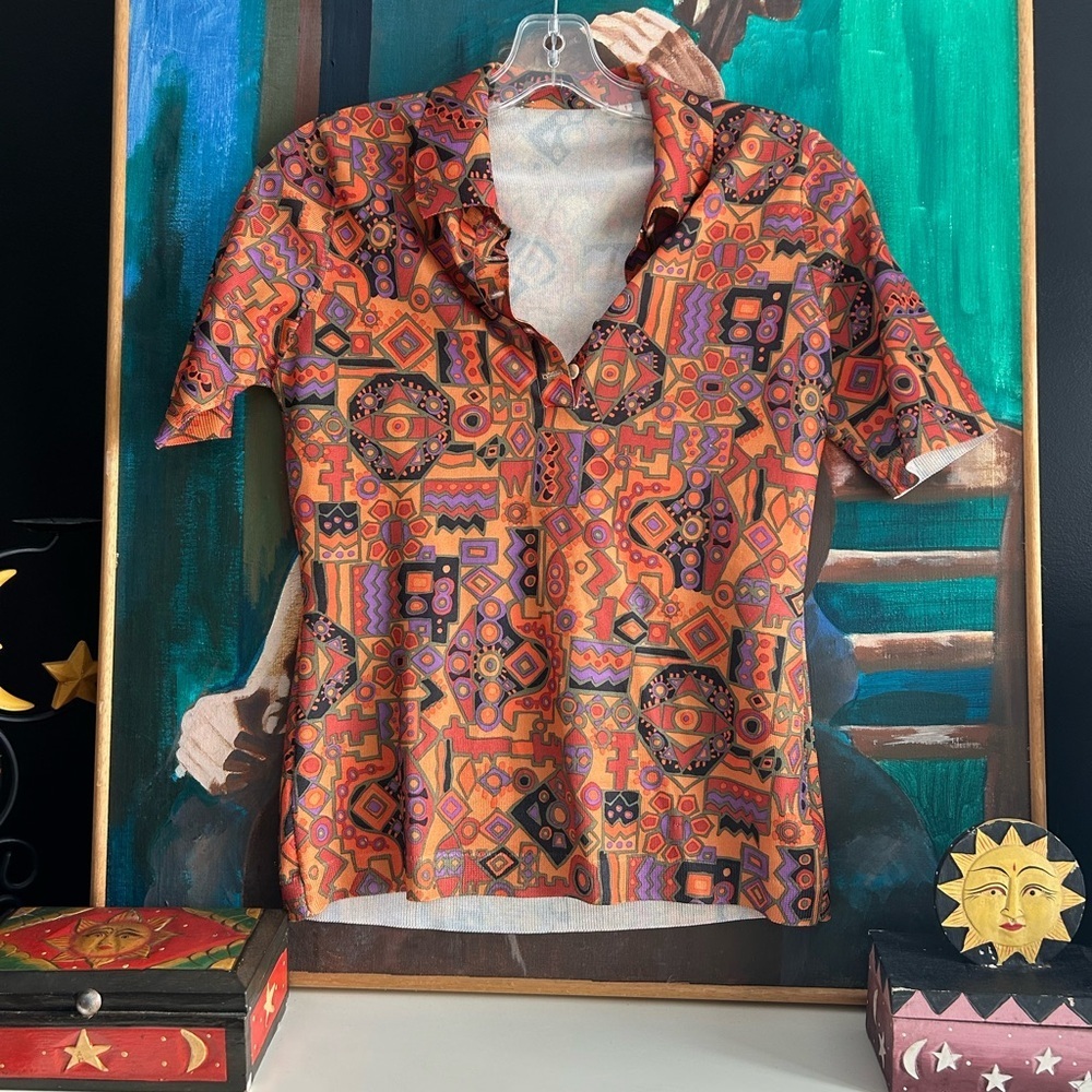 Vintage Vibrant Orange Geometric Blouse Small